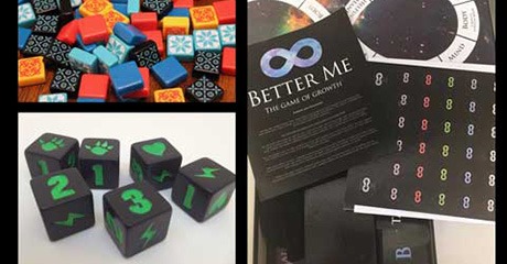 Collage photo of parts from three different board games, including Better Me game.