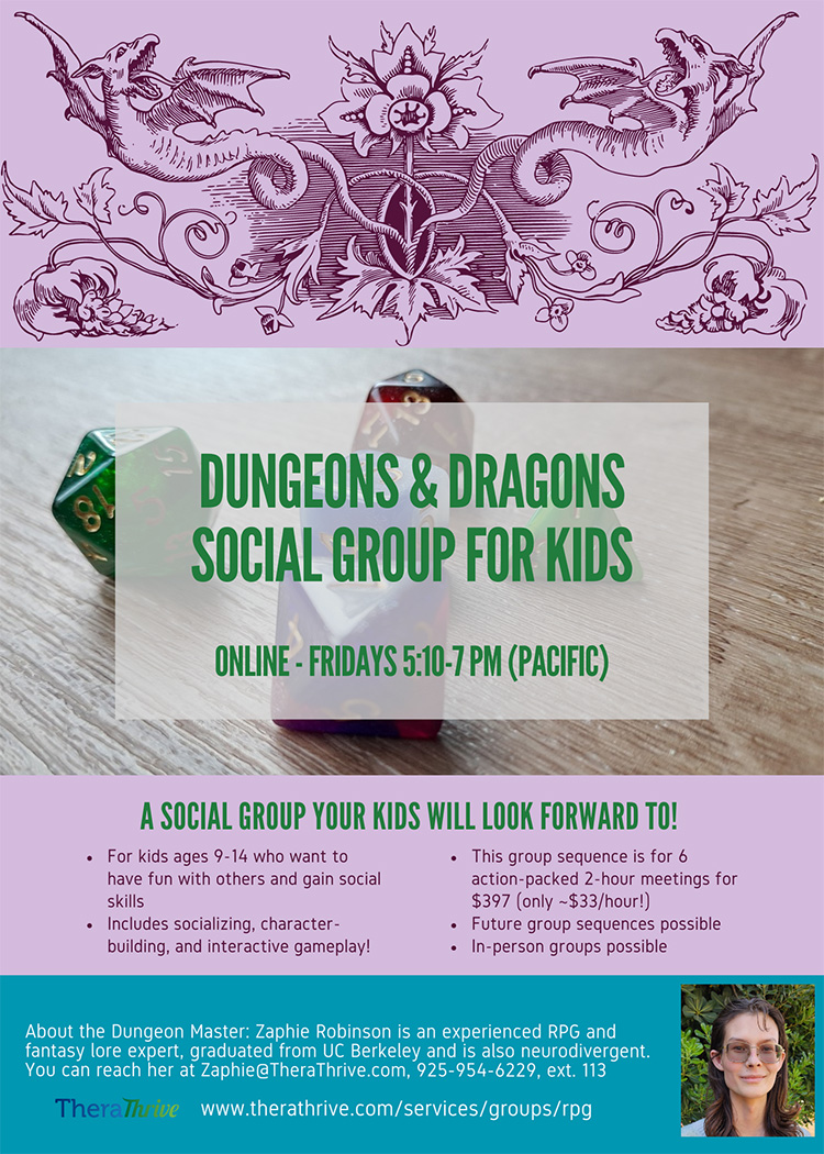 Image of our kids social group Dungeons and Dragons Flyer for TheraThrive's social group facilitated by Zaphie Robinson